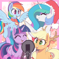 Size: 2000x2000 | Tagged: safe, artist:thebatfang, imported from derpibooru, applejack, princess celestia, rainbow dash, twilight sparkle, alicorn, earth pony, pegasus, pony, unicorn, antlers, beanie, christmas, clothes, cute, cutelestia, dashabetes, eyes closed, female, flying, folded wings, freckles, grin, hat, holiday, horn, jackabetes, mare, microphone, reindeer antlers, santa hat, scarf, singing, smiling, socks, spread wings, striped socks, twiabetes, unicorn twilight, wings, winter outfit