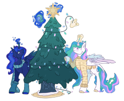 Size: 1170x955 | Tagged: safe, artist:devondraws, imported from derpibooru, princess celestia, princess luna, alicorn, pony, christmas, christmas tree, clothes, duo, holiday, magic, royal sisters, scarf, siblings, simple background, sisters, socks, sweater, telekinesis, transparent background, tree