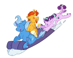 Size: 1037x829 | Tagged: safe, artist:devondraws, imported from derpibooru, starlight glimmer, sunburst, trixie, pony, unicorn, blushing, simple background, sled, snow, toboggan, transparent background, trio