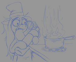 Size: 764x626 | Tagged: safe, artist:jargon scott, imported from derpibooru, oc, oc only, oc:anon-mare, earth pony, pony, chef's hat, cooking, female, fire, fire extinguisher, gray background, hat, hoof hold, mare, monochrome, pot, simple background, solo, stove