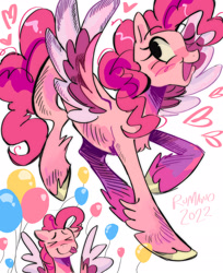 Size: 1670x2048 | Tagged: safe, artist:therumano, imported from derpibooru, pinkie pie, pegasus, pony, ><, balloon, colored wings, eyes closed, multicolored wings, pegasus pinkie pie, race swap, simple background, smiling, solo, white background, wings