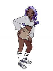 Size: 873x1163 | Tagged: safe, artist:stevetwisp, imported from derpibooru, rarity, human, clothes, dark skin, eyes closed, humanized, midriff, shoes, short shirt, shorts, simple background, smiling, socks, solo, white background