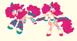 Size: 2000x1069 | Tagged: safe, artist:melon-soda, imported from derpibooru, pinkie pie, pegasus, pony, clothes, coat markings, colored hooves, colored wings, heterochromia, leg warmers, multicolored wings, pale belly, pegasus pinkie pie, race swap, redesign, simple background, smiling, solo, white background, wingding eyes, wings