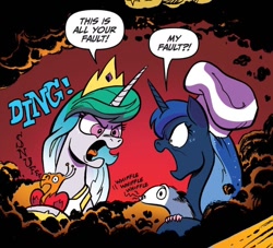 Size: 826x750 | Tagged: safe, artist:andypriceart, idw, imported from derpibooru, philomena, princess celestia, princess luna, tiberius, alicorn, opossum, phoenix, pony, friends forever, spoiler:comic, spoiler:comicff38, chef's hat, crown, dialogue, duo focus, female, hat, jewelry, male, mare, onomatopoeia, regalia, royal sisters, siblings, sisters, smoke, speech bubble