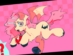 Size: 1280x960 | Tagged: safe, artist:commandette, imported from derpibooru, fluttershy, bat pony, pony, apple, bat ponified, fangs, flutterbat, food, question mark, race swap, red eyes, simple background, solo