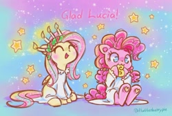 Size: 1280x861 | Tagged: safe, artist:flutterberrypie, imported from derpibooru, fluttershy, pinkie pie, earth pony, pegasus, pony, :3, ^^, candle, colored underhoof, cute, diapinkes, duo, eyes closed, female, hoof heart, lucia, mare, nom, saint lucy's day, shyabetes, sitting, stars, sweden, underhoof