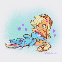 Size: 1200x1200 | Tagged: safe, artist:flutterberrypie, imported from derpibooru, applejack, rainbow dash, earth pony, pegasus, pony, appledash, colored pinnae, colored underhoof, cuddling, cute, dashabetes, duo, female, floating heart, freckles, heart, hoof heart, jackabetes, lesbian, looking at each other, looking at someone, lying down, mare, on back, shipping, sitting, underhoof