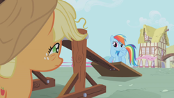 Size: 1280x720 | Tagged: safe, imported from derpibooru, screencap, applejack, rainbow dash, pony, applebuck season, duo, duo female, female