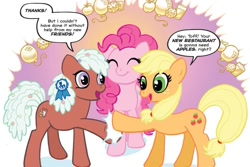 Size: 1125x750 | Tagged: safe, artist:carla speed mcneil, idw, imported from derpibooru, applejack, pinkie pie, toffee truffle, earth pony, pony, friends forever, spoiler:comic, spoiler:comicff01, blue ribbon, dialogue, female, g4, mare, speech bubble, trio