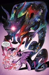 Size: 750x1153 | Tagged: safe, artist:andypriceart, idw, imported from derpibooru, twilight sparkle, alicorn, draconequus, pony, spoiler:comic, spoiler:comic75, cosmos, cosmos (arc), duo, female, g4, mare, possessed, stars, the cosmos, twilight sparkle (alicorn)