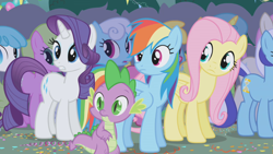 Size: 1280x720 | Tagged: safe, imported from derpibooru, screencap, cherry berry, daisy, flower wishes, fluttershy, lemon hearts, lightning bolt, linky, minuette, rainbow dash, rarity, shoeshine, spike, twinkleshine, white lightning, dragon, earth pony, pegasus, pony, unicorn, applebuck season, season 1, female, folded wings, g4, horn, looking at each other, looking at someone, male, mare, wings, wings down