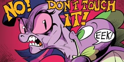 Size: 1334x667 | Tagged: safe, artist:andypriceart, idw, imported from derpibooru, spike, twilight sparkle, alicorn, dragon, pony, spoiler:comic, spoiler:comic75, baby, baby dragon, cosmos, cosmos (arc), dialogue, duo, female, g4, male, mare, possessed, speech bubble, twilight sparkle (alicorn), what were they thinking, winged spike, wings, you know for kids