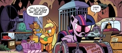 Size: 1334x584 | Tagged: safe, artist:andypriceart, idw, imported from derpibooru, applejack, twilight sparkle, alicorn, earth pony, pony, spoiler:comic, spoiler:comic76, christine, cosmos, cosmos (arc), dialogue, duo, female, g4, holy hand grenade of antioch, mare, monty python, monty python and the holy grail, possessed, ruby slippers, speech bubble, sword of omens, the wizard of oz, thundercats, time machine, twilight sparkle (alicorn)