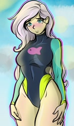 Size: 1500x2550 | Tagged: safe, artist:nolyanimeid, imported from derpibooru, fluttershy, fish, human, equestria girls, blushing, breasts, busty fluttershy, clothes, cloud, curvy, female, flutterthighs, hand on leg, hand on thigh, hourglass figure, legs, long sleeves, sky, solo, sun, swimsuit, thighs