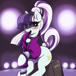 Size: 3000x3000 | Tagged: safe, artist:t72b, imported from derpibooru, coloratura, earth pony, pony, blushing, bracelet, clothes, countess coloratura, eyeshadow, female, high res, jacket, jewelry, light, looking back, makeup, mare, open mouth, ponytail, raised hoof, sitting, solo, speaker, stage, veil