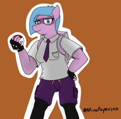 Size: 1097x1080 | Tagged: safe, artist:minxtaperino, imported from derpibooru, oc, oc only, oc:jun yule, anthro, brown background, clothes, female, fingerless gloves, gloves, hand on hip, necktie, pokemon scarlet and violet, poké ball, pokémon, shirt, shorts, simple background, solo