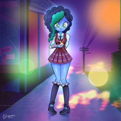 Size: 4500x4500 | Tagged: safe, artist:theratedrshimmer, imported from derpibooru, human, equestria girls, bokeh, chromatic aberration, clothes, clothes swap, crystal prep academy uniform, cute, equestria girls-ified, female, g5, g5 to equestria girls, generation leap, misty brightdawn, mistybetes, retro, school uniform, skirt, solo