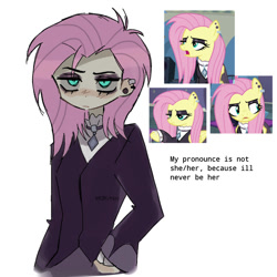 Size: 1000x1000 | Tagged: safe, artist:krikzilla, imported from derpibooru, fluttershy, human, clothes, eyeshadow, female, fluttergoth, goth, humanized, makeup, piercing, screencap reference, simple background, solo, text, white background
