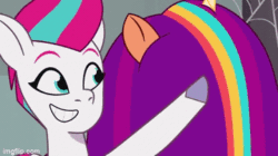 Size: 360x202 | Tagged: safe, edit, edited screencap, imported from derpibooru, screencap, sunny starscout, zipp storm, alicorn, earth pony, pegasus, pony, spoiler:g5, spoiler:my little pony: tell your tale, spoiler:tyts01e14, alicorn issues, alicornified, animated, duo, female, g5, gif, grin, long hair, mare, my little pony: tell your tale, race swap, reversed, smiling