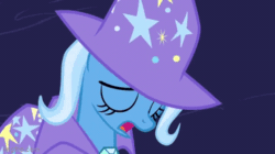 Size: 360x202 | Tagged: safe, imported from derpibooru, screencap, trixie, pony, unicorn, magic duel, season 3, animated, cape, clothes, eyes closed, gif, hat, head down, moving, open mouth, sad, solo, stars, trixie's cape, trixie's hat