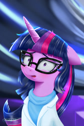 Size: 1500x2250 | Tagged: safe, artist:darksly, imported from derpibooru, sci-twi, twilight sparkle, pony, unicorn, equestria girls, clothes, commission, equestria girls ponified, female, glasses, grey hair, high res, lab coat, mare, older, open mouth, ponified, unicorn sci-twi