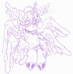 Size: 1101x1118 | Tagged: safe, artist:girl-bug 925, imported from derpibooru, twilight sparkle, alicorn, seraph, seraphicorn, chest fluff, glasses, halo, multiple wings, simple background, sketch, twilight sparkle (alicorn), white background, wings