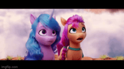 Size: 360x202 | Tagged: safe, edit, edited screencap, imported from derpibooru, screencap, izzy moonbow, sunny starscout, earth pony, pony, unicorn, spoiler:my little pony: a new generation, 3d, animated, bag, cloud, duo, g5, gif, my little pony: a new generation, reversed