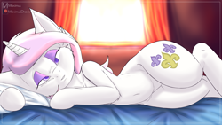 Size: 7680x4320 | Tagged: safe, artist:maximus, imported from derpibooru, fleur-de-lis, pony, semi-anthro, unicorn, bedroom eyes, belly, commission, female, human shoulders, lying down, mare, solo, sternocleidomastoid, wide hips, ych result