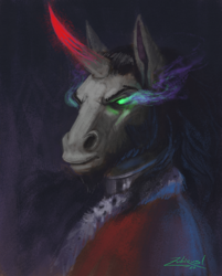 Size: 900x1118 | Tagged: safe, artist:zubirus, imported from derpibooru, king sombra, pony, umbrum, unicorn, bust, digital painting, evil, fine art emulation, glowing, glowing eyes, glowing horn, horn, painterly, painting, portrait, serious, serious face, solo, sombra eyes