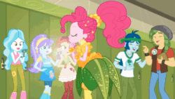 Size: 520x293 | Tagged: safe, editor:quoterific, imported from derpibooru, screencap, aqua blossom, captain planet, paisley, pinkie pie, rose heart, sandalwood, sunset shimmer, human, equestria girls, equestria girls series, holidays unwrapped, spoiler:eqg series (season 2), animated, animation error, canterlot high, cellphone, cornucopia costumes, fabulous, female, gif, hallway, lockers, male, o come all ye squashful, phone, smartphone, taking a photo