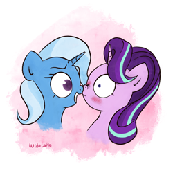Size: 3000x3000 | Tagged: safe, artist:widelake, imported from derpibooru, starlight glimmer, trixie, pony, unicorn, blushing, boop, duo, grin, noseboop, pinpoint eyes, simple background, smiling, white background