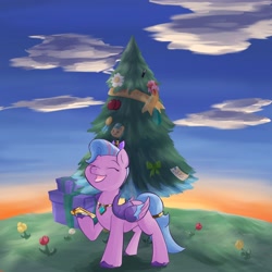 Size: 4096x4096 | Tagged: safe, artist:felldeal, imported from derpibooru, queen haven, pegasus, pony, series:daily drawing december, absurd resolution, christmas, christmas tree, cloud, eyebrows, eyes closed, female, folded wings, g5, holiday, mare, open mouth, open smile, phone, present, sky, smiling, solo, tree, wings