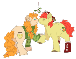 Size: 1074x839 | Tagged: safe, artist:devondraws, imported from derpibooru, bright mac, pear butter, earth pony, pony, boop, boots, brightbutter, clothes, duo, female, hat, male, mistletoe, noseboop, shipping, shoes, simple background, straight, sweater, transparent background