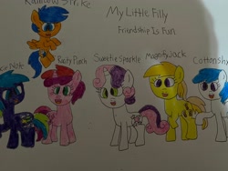 Size: 4032x3024 | Tagged: safe, artist:sillylittleprincess, imported from derpibooru, cotton cloudy, first base, noi, ruby pinch, sweetie belle, earth pony, pegasus, pony, unicorn, adorabase, alternate mane six, alternate universe, aura (g4), aurabetes, cottonbetes, cute, cutie mark, diasweetes, female, filly, first base can fly, flying, foal, g4, girly girl, noiabetes, open mouth, open smile, pegasus first base, pinchybetes, race swap, raised hoof, raised leg, simple background, smiling, tomboy, traditional art, white background