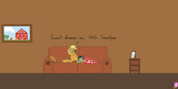 Size: 1639x828 | Tagged: safe, imported from derpibooru, apple bloom, applejack, big macintosh, granny smith, oc, oc:green, earth pony, unicorn, derpibooru, fanfic:trust once lost, artistnismorose, chest fluff, couch, cowboy hat, cuddling, cute, drawer, ear fluff, family photo, fanfic, fanfic art, fanfic in the description, female, filly, foal, g4, hat, horn, indoors, link in description, living room, lying down, mare, meta, mother and daughter-in-law, motherly love, photo, sleeping, speech bubble, tags, text, youtube link