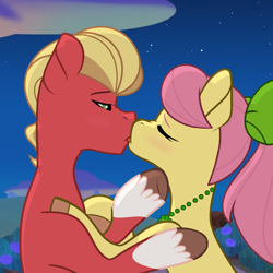 Size: 1920x1920 | Tagged: safe, artist:grapefruit-face, imported from derpibooru, sprout cloverleaf, earth pony, pony, base used, blushing, bow, duo, eyes closed, female, g5, hair bow, jewelry, kissing, lidded eyes, male, necklace, night, outdoors, posey bloom, poseysprout, shipping, stallion, straight, tongue out