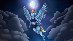 Size: 3840x2160 | Tagged: safe, artist:owloffortune, imported from derpibooru, rainbow dash, anthro, pegasus, unguligrade anthro, breasts, clothes, cloud, flying, moon, shorts, sky, solo, sports bra, sports shorts, wallpaper, wings