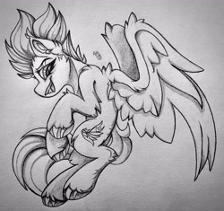 Size: 2956x2776 | Tagged: safe, artist:starcasteclipse, imported from derpibooru, spitfire, pegasus, pony, female, flying, open mouth, pencil drawing, sketch, smiling, solo, traditional art