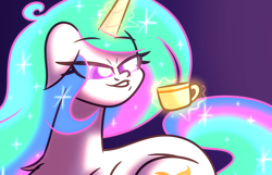 Size: 5580x3600 | Tagged: safe, artist:iceflower99, imported from derpibooru, princess celestia, chest fluff, cup, eye clipping through hair, fanfic, fanfic art, floppy ears, glowing, glowing horn, horn, levitation, magic, missing accessory, telekinesis