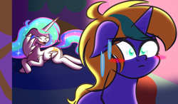 Size: 6150x3600 | Tagged: safe, artist:iceflower99, imported from derpibooru, princess celestia, oc, oc:buggy brush, unicorn, blushing, celestia's bedroom, chest fluff, eyes closed, fanfic, fanfic art, horn, laughing, lmao, lying down, missing accessory, shoulder fluff, unicorn oc