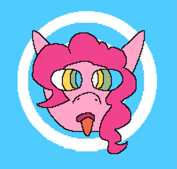 Size: 997x952 | Tagged: safe, artist:rxinbow, imported from derpibooru, pinkie pie, head only, hypno eyes, hypnosis, hypnotized, kaa eyes, pixel art, pixelated, solo, tongue out