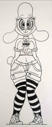 Size: 819x2000 | Tagged: safe, artist:spoopygirl, imported from derpibooru, anthro, sheep, them's fightin' herds, asdfmovie, beep beep, clothes, community related, female, lineart, pom (tfh), shirt, shorts, socks, solo, thigh highs, traditional art, wide hips