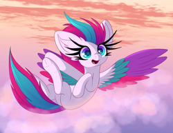 Size: 8250x6375 | Tagged: safe, artist:windykirin, imported from derpibooru, zipp storm, pegasus, pony, adorazipp, cloud, colored wings, cute, female, flying, g5, happy, long eyelashes, mare, multicolored wings, open mouth, open smile, smiling, solo, starry eyes, sunrise, underhoof, wingding eyes, wings