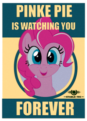 Size: 1000x1400 | Tagged: safe, artist:dddromm, imported from derpibooru, pinkie pie, earth pony, pony, fallout equestria, big brother is watching, ministry mares, ministry of morale, pinkie pie is watching you, poster, propaganda, solo