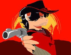 Size: 1172x903 | Tagged: safe, artist:pencilsparkreignited, imported from derpibooru, oc, oc only, oc:smokin ace, pegasus, pony, bandana, clothes, cowboy hat, gun, handgun, hat, long mane, male, pegasus oc, poncho, red dead redemption 2, revolver, scenery, side view, simple background, stallion, stallion oc, sunset, tree, weapon, wings