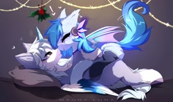Size: 3397x1999 | Tagged: safe, artist:magnaluna, imported from derpibooru, oc, oc only, alicorn, bat pony, pony, alicorn oc, holly, holly mistaken for mistletoe, horn, wings