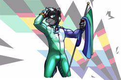 Size: 3127x2046 | Tagged: safe, artist:krd, imported from derpibooru, oc, oc only, oc:marble rift, anthro, zebra, anthro oc, flag, flag pole, gay pride flag, grin, hand in hair, latex, latex suit, looking at you, male, pride, pride flag, rubber pride flag, smiling, solo, vincian pride flag, zebra oc