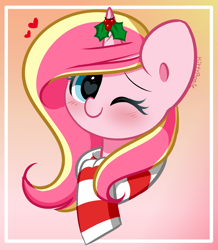 Size: 3272x3755 | Tagged: safe, artist:kittyrosie, imported from derpibooru, oc, oc only, oc:rosa flame, pony, unicorn, christmas, clothes, heart, heart eyes, holiday, holly, horn, looking at you, one eye closed, scarf, solo, striped scarf, unicorn oc, wingding eyes