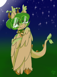 Size: 900x1210 | Tagged: safe, artist:pagophasia, derpibooru exclusive, imported from derpibooru, oc, oc only, oc:hortis culture, hybrid, pony, collar, full body, glasses, horns, leaf, looking down, moon, night, nonbinary, round glasses, smiling, solo, stars, unshorn fetlocks, wings