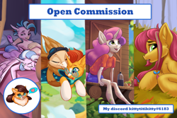 Size: 3000x2000 | Tagged: safe, artist:kittytitikitty, imported from derpibooru, silverstream, sunburst, sweetie belle, terramar, oc, oc:linseed, oc:suban, advertisement, commission, commission info, open commission